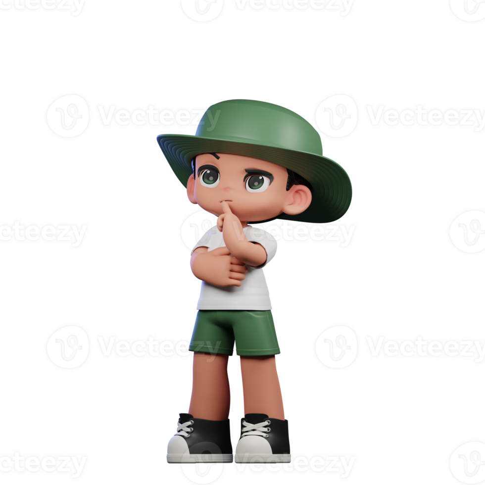 3d Cartoon Character in a Green Hat and White Shirt Thinking Deeply Pose png