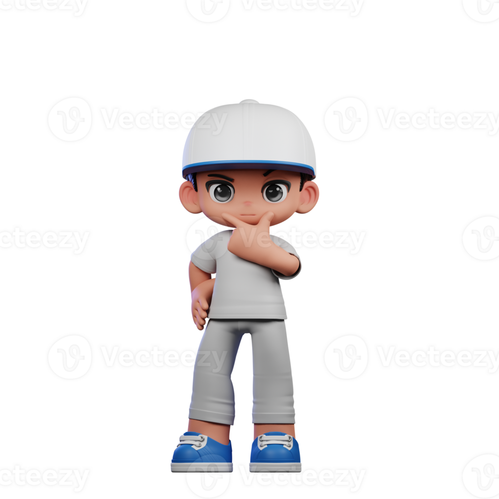 3d Cartoon Boy with a Baseball Cap and Gray Pants Curious Pose png