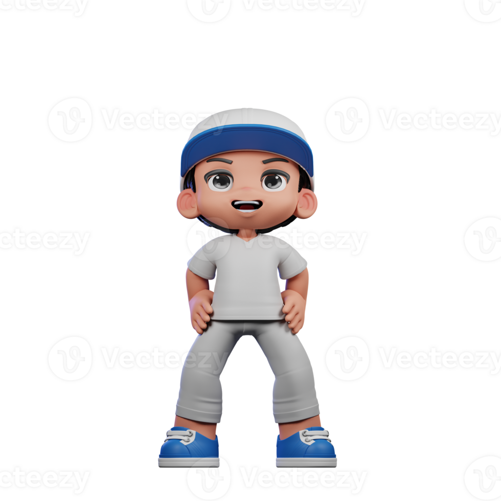 3d Cartoon Boy with a Baseball Cap and Gray Pants Standing Laugh Pose png