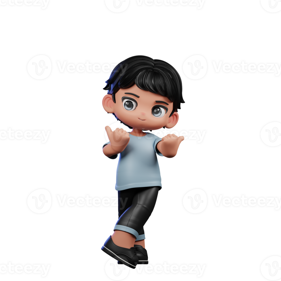 3d Cartoon Boy with Black Hair and Blue shirt running Pointing at Side Pose png