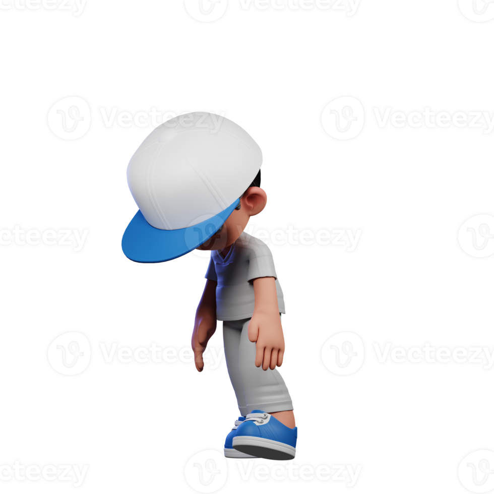 3d Cartoon Boy with a Baseball Cap and Gray Pants Tired Walk Pose png