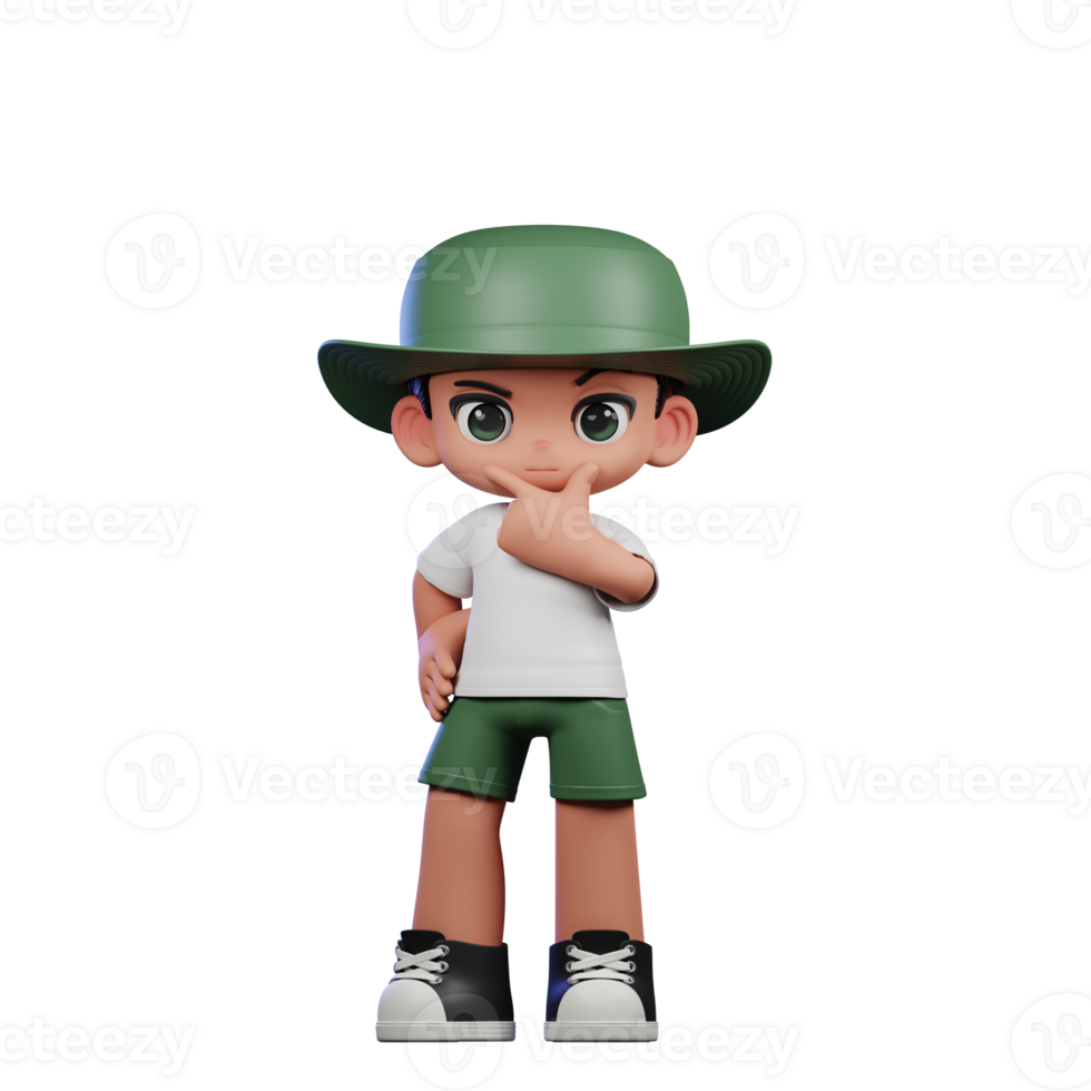 3d Cartoon Character in a Green Hat and White Shirt Curious Pose png