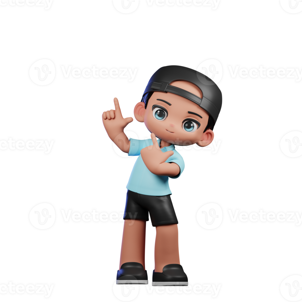 3d Cartoon Character with a Blue Shirt and Black Shorts Pointing Up Pose png
