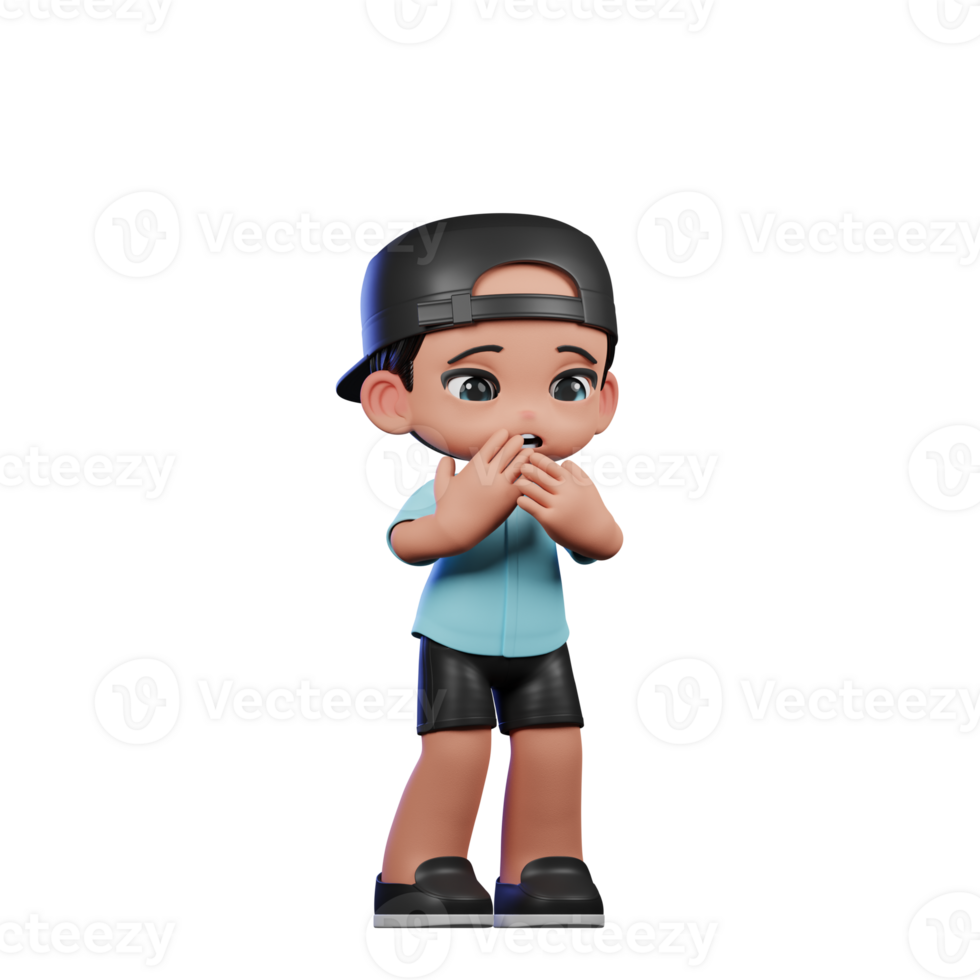 3d Cartoon Character with a Blue Shirt and Black Shorts Afraid Pose png