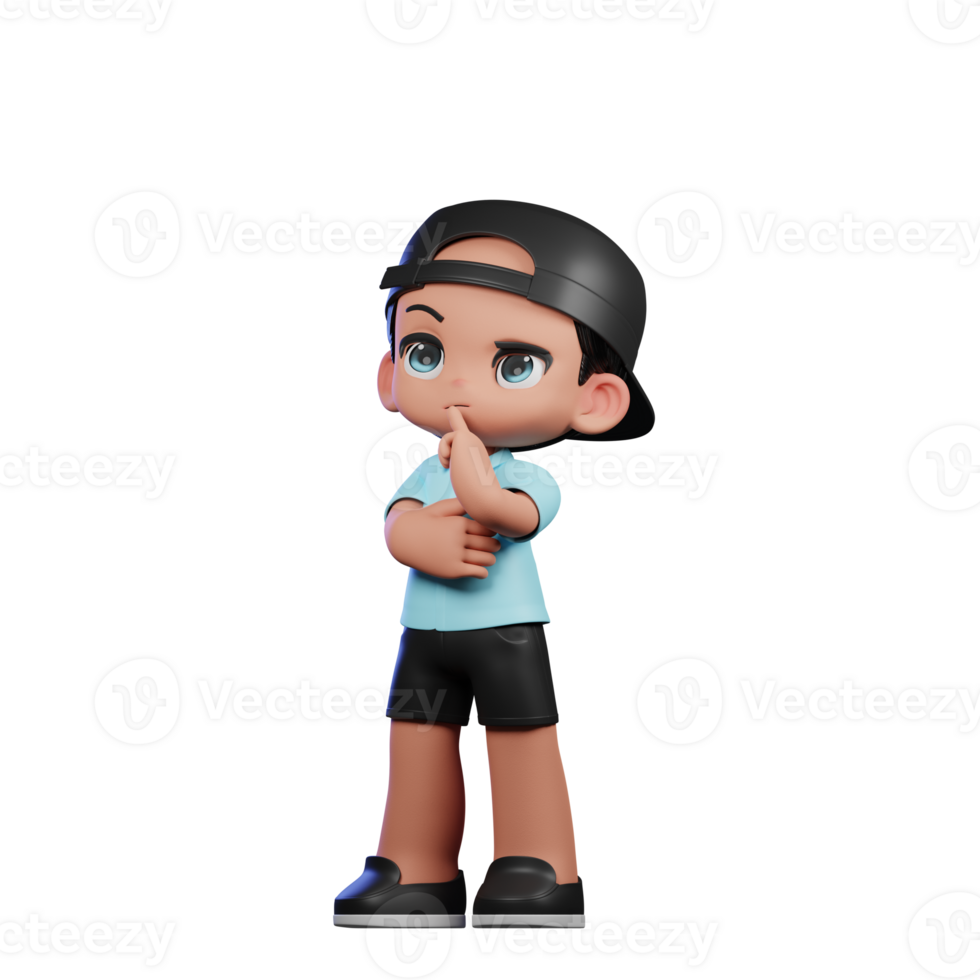 3d Cartoon Character with a Blue Shirt and Black Shorts Thinking Deeply Pose png