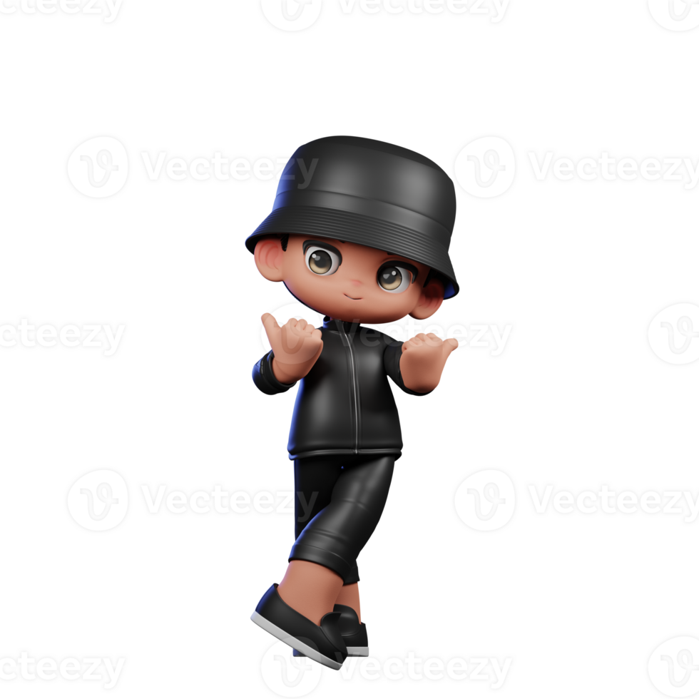 3d Cartoon Boy in a Black Suit and Hat Waving Pointing at Side Pose png