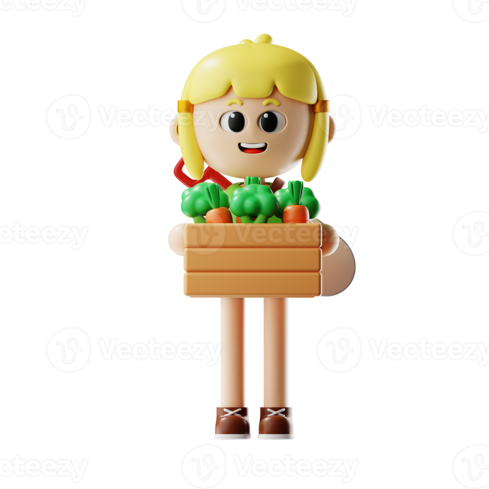 3d Farmer Girl Yellow Hair Bring Carrots and Broccoli Basket png