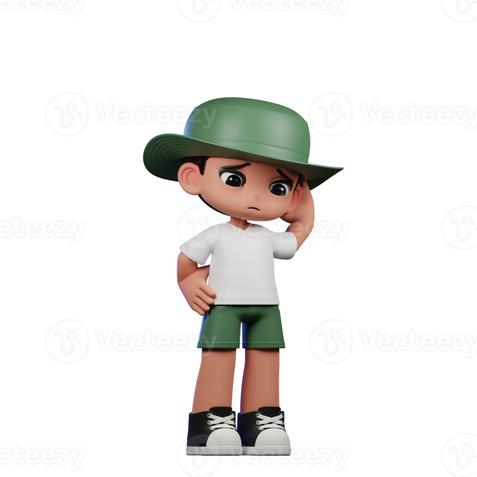 3d Cartoon Character in a Green Hat and White Shirt Worry Pose png