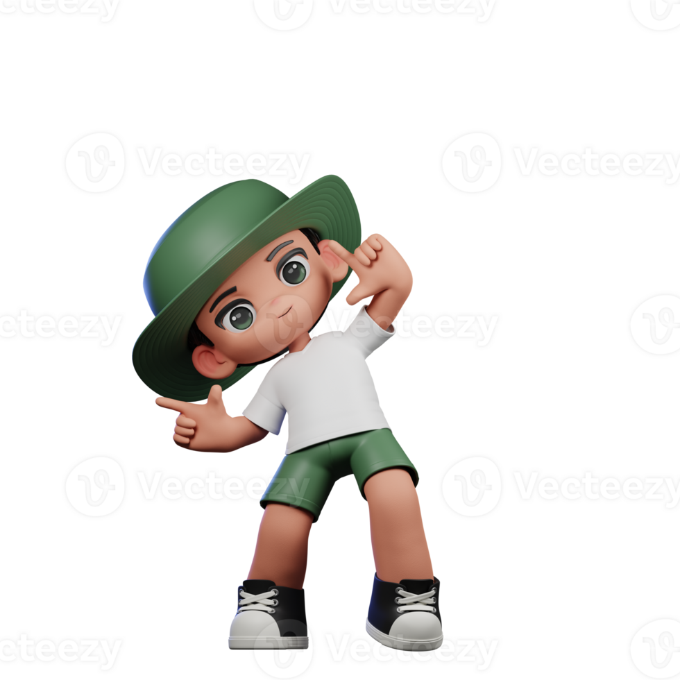 3d Cartoon Character in a Green Hat and White Shirt Pointing Right Pose png