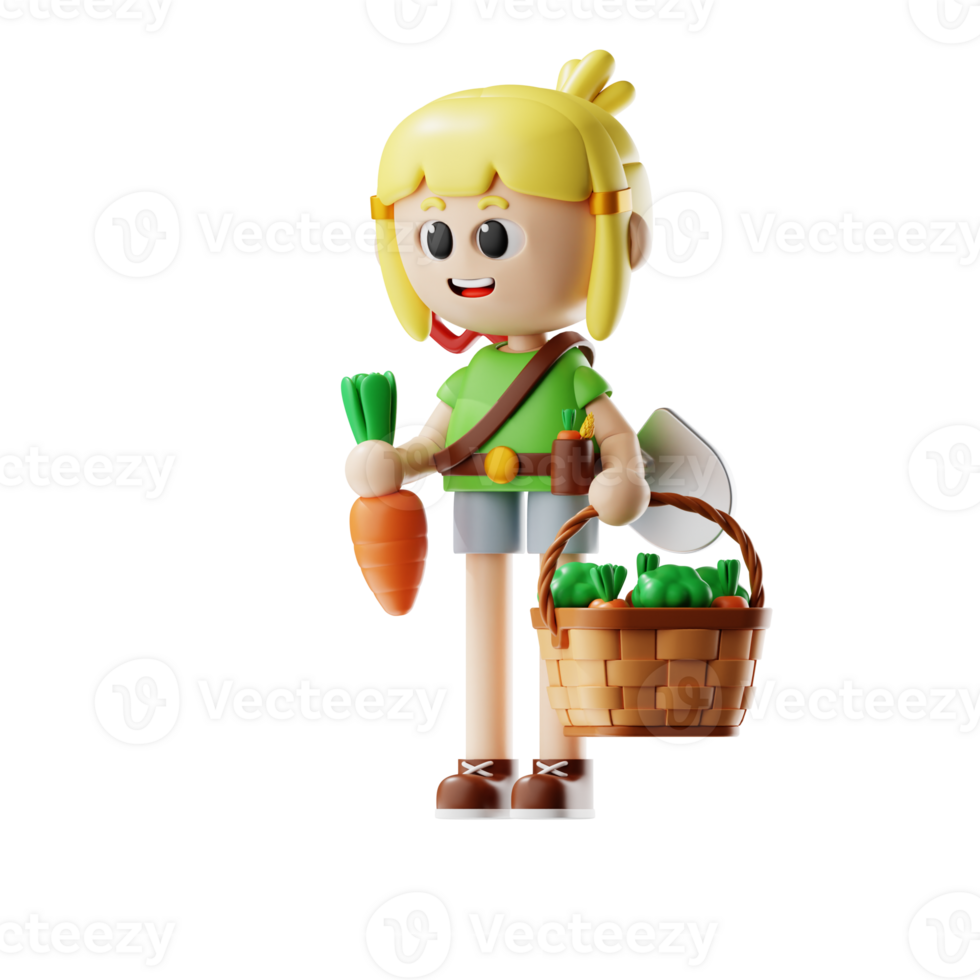 3d Farmer Girl Yellow Hair Bring Harvest Basket png