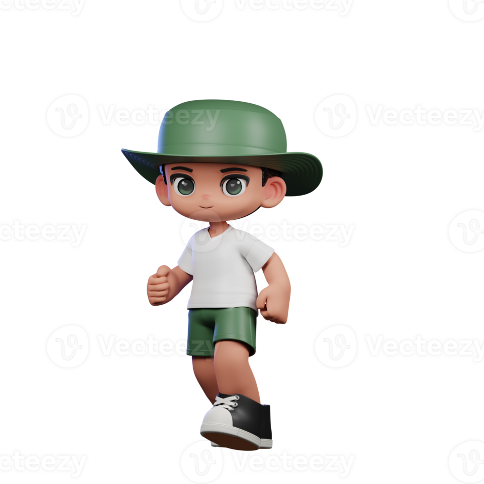 3d Cartoon Character in a Green Hat and White Shirt Walking Pose png