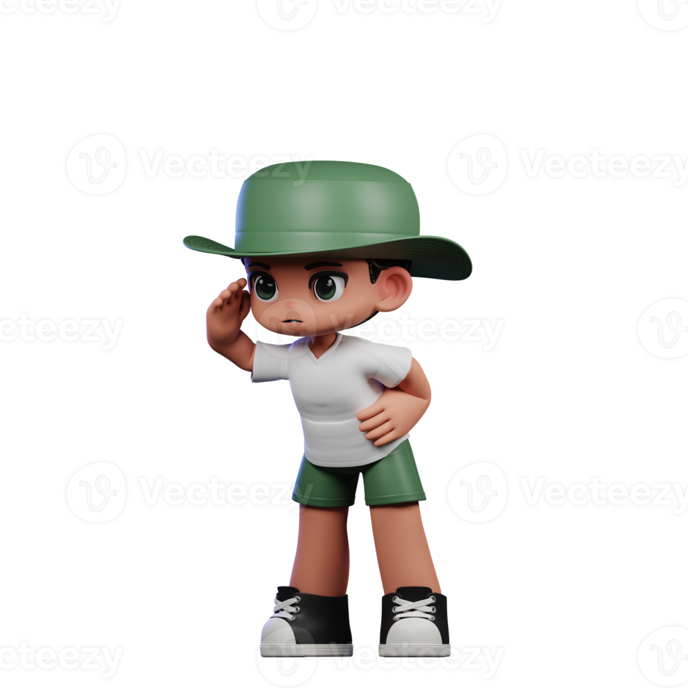 3d Cartoon Character in a Green Hat and White Shirt Looking Pose png