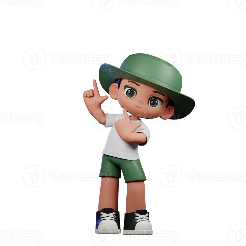 3d Cartoon Character in a Green Hat and White Shirt Pointing Up Pose png