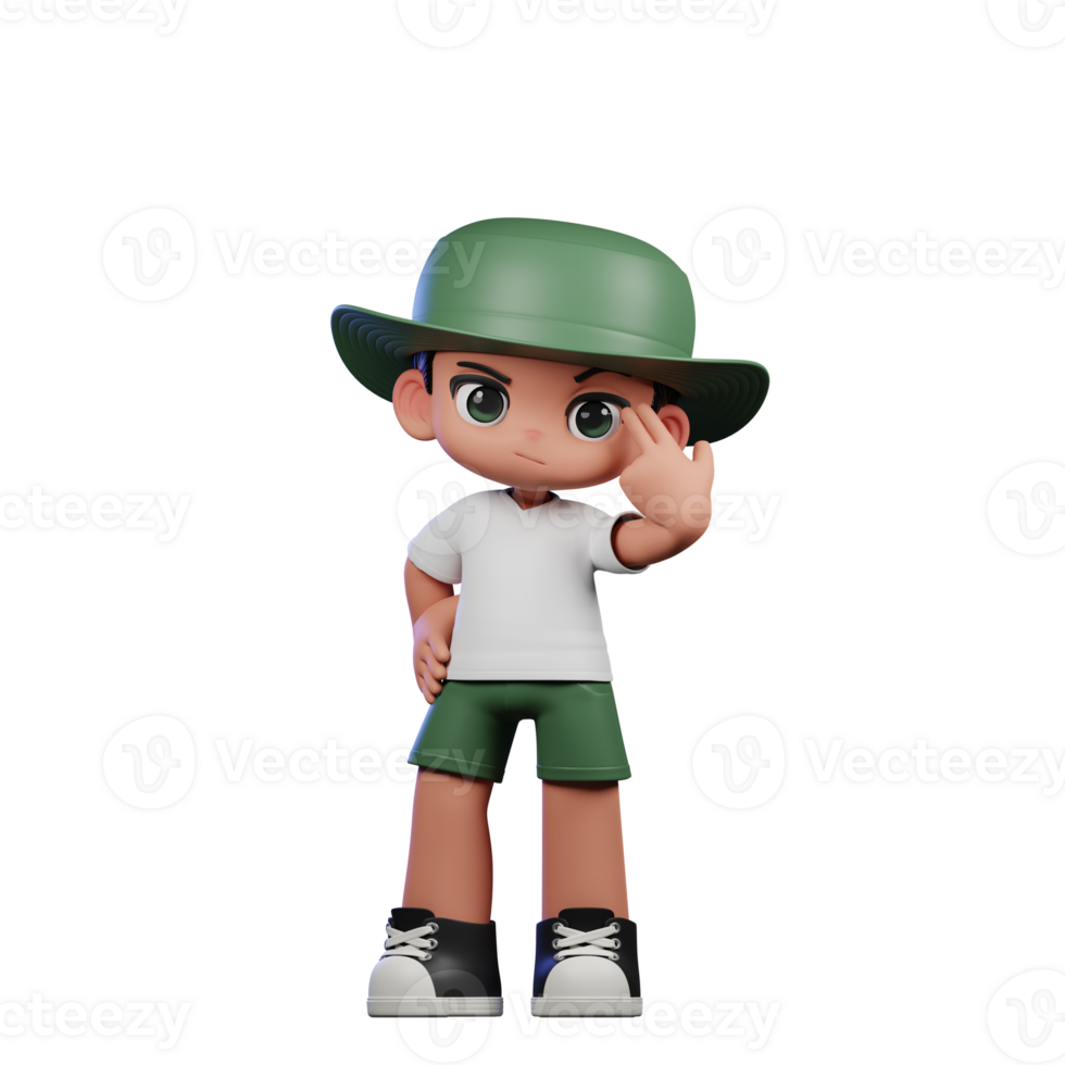 3d Cartoon Character in a Green Hat and White Shirt Pointing at Him Pose png