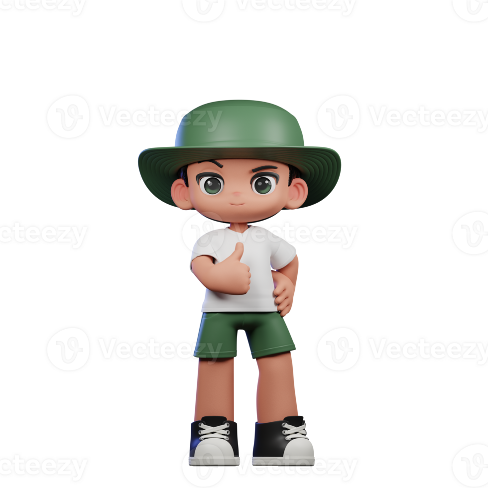 3d Cartoon Character in a Green Hat and White Shirt Showing Thumbs Up Pose png