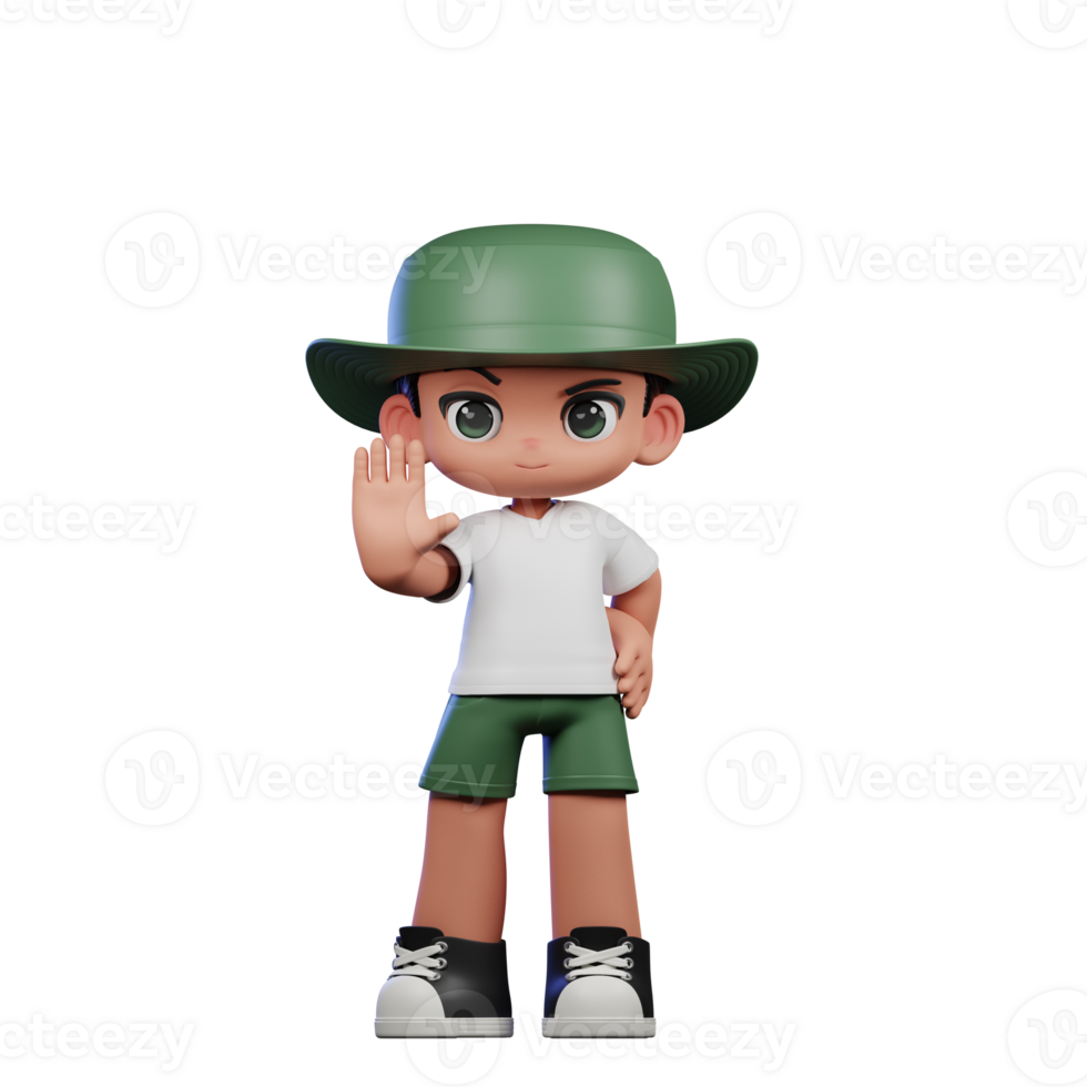 3d Cartoon Character in a Green Hat and White Shirt Doing Stop Sign Pose png