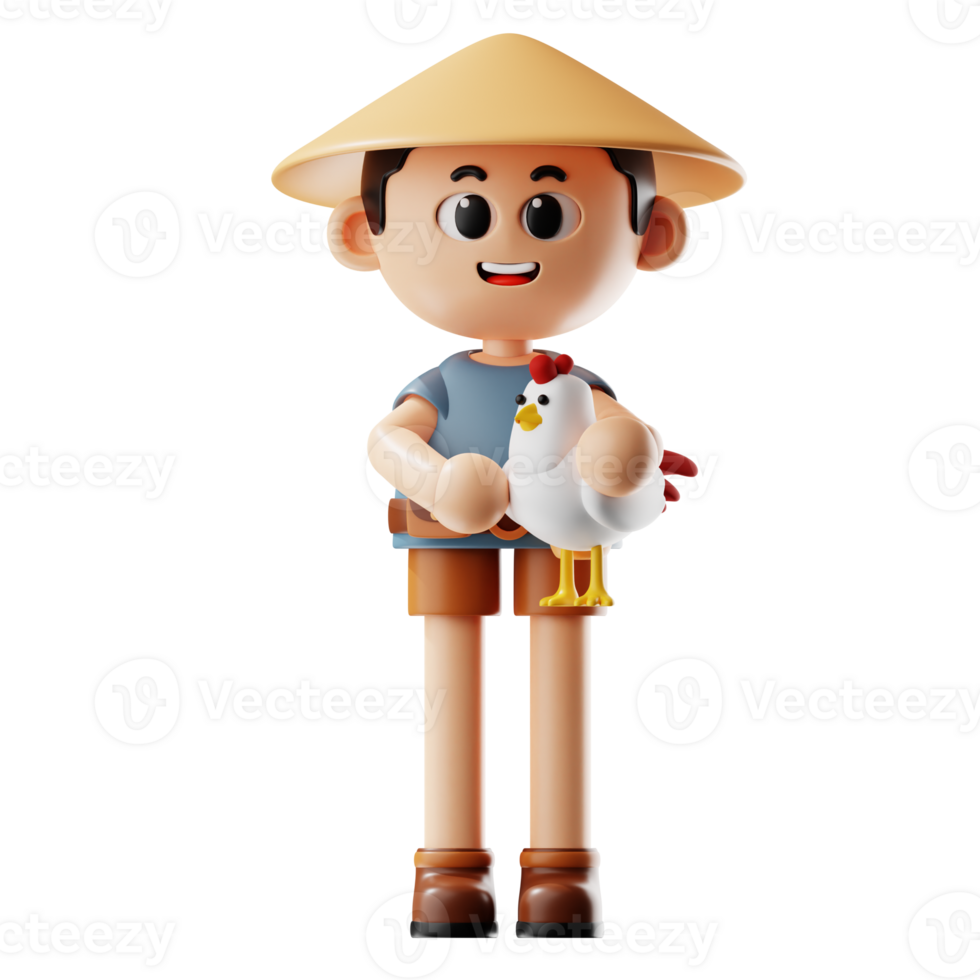 3d Farmer Boy With Straw Hat Holding Chicken png