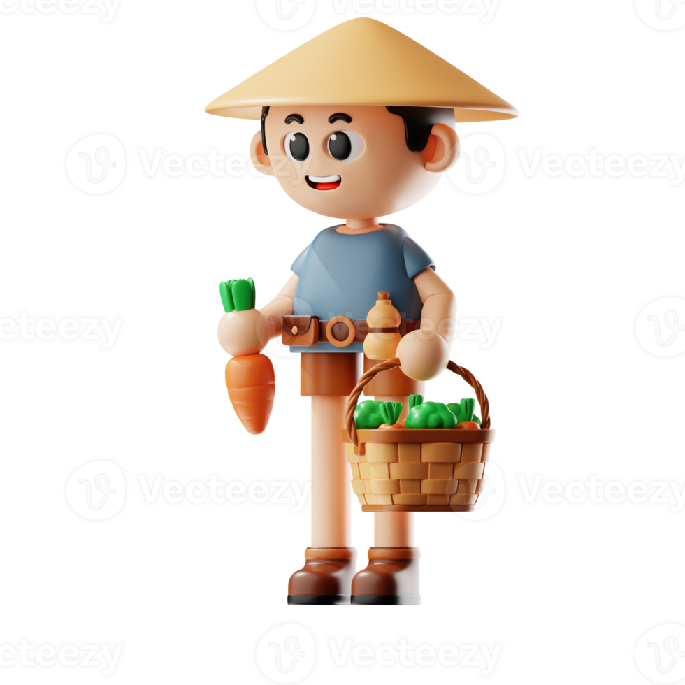 3d Farmer Boy With Straw Hat Bring Harvest Basket png