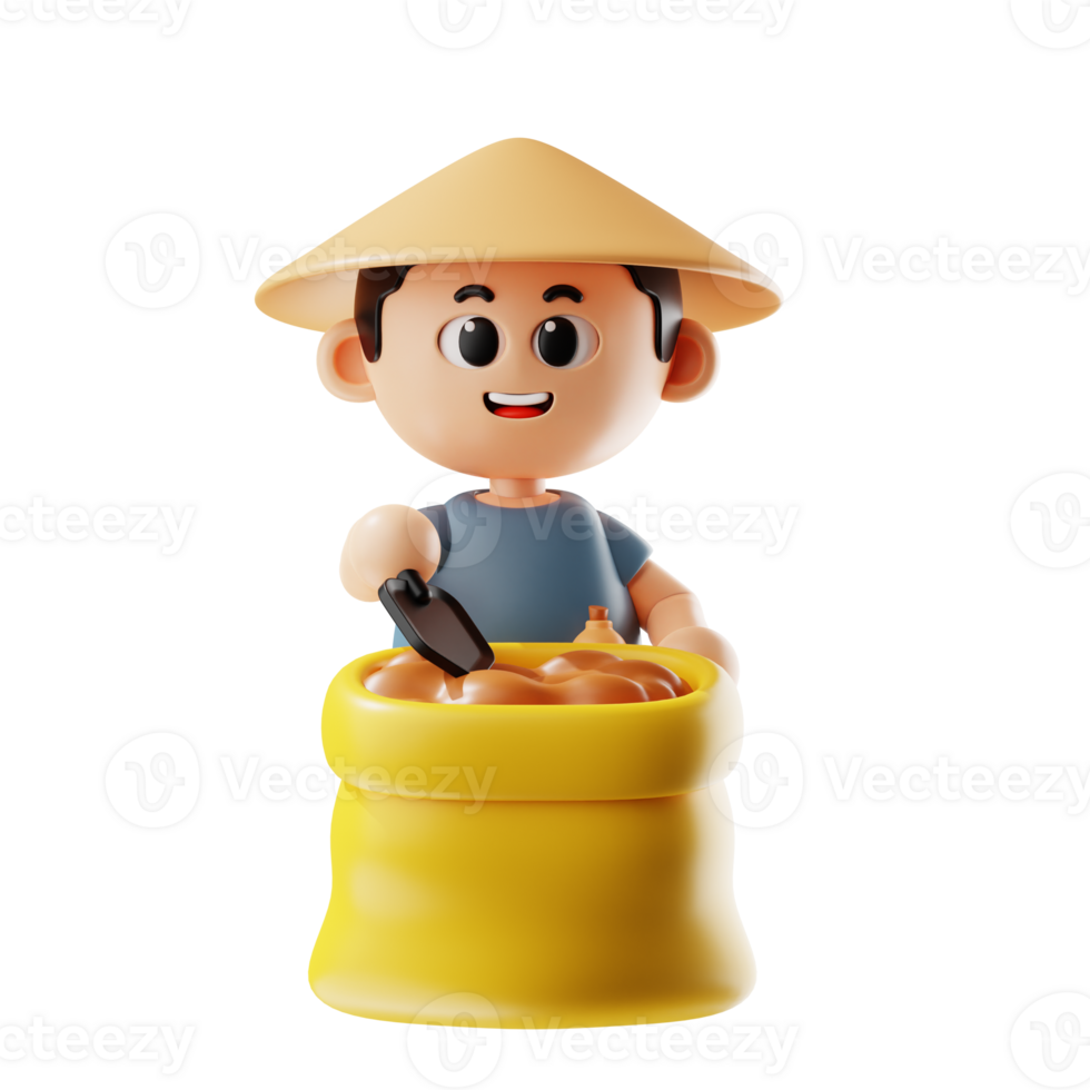 3d Farmer Boy With Straw Hat Fertilizer Bag png