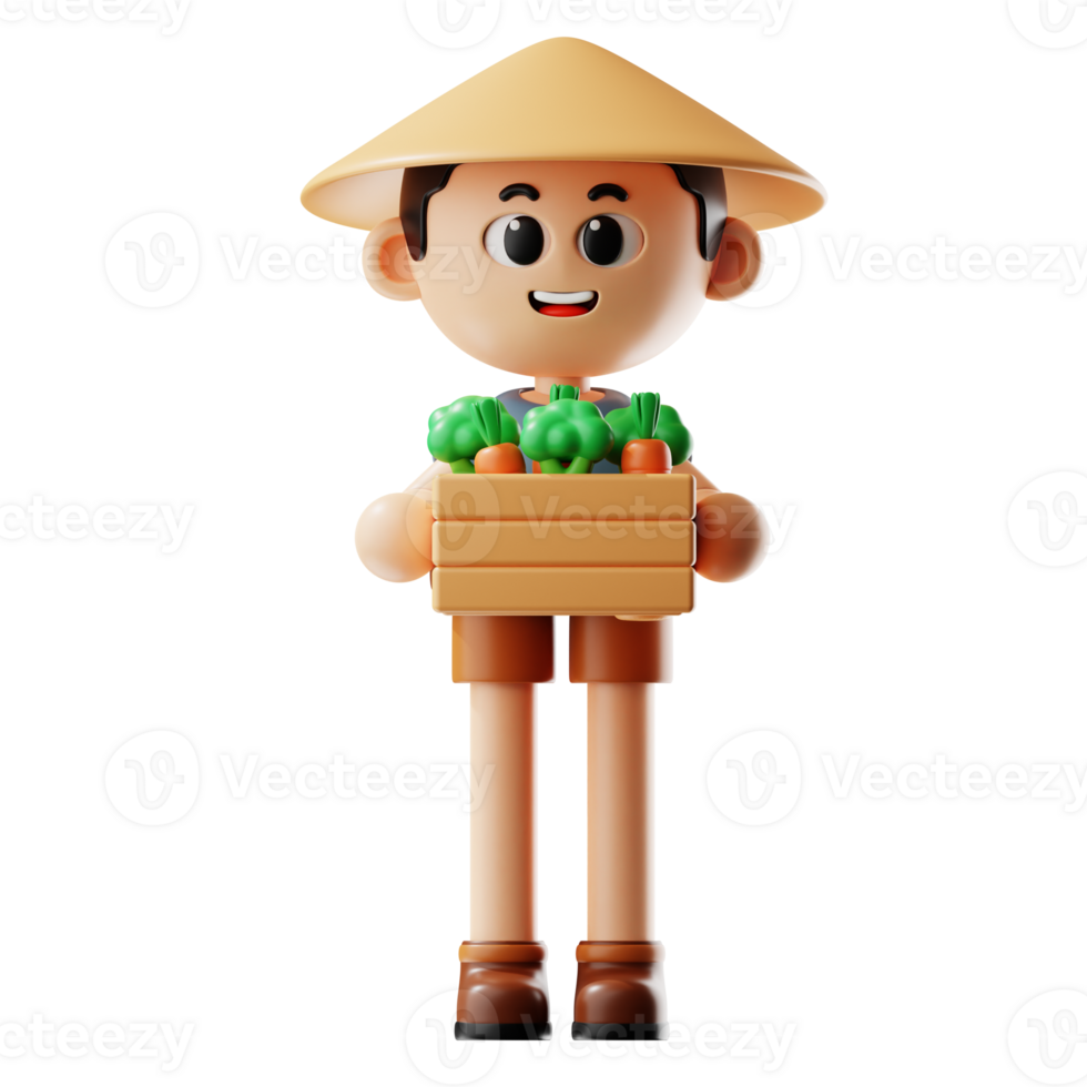 3d Farmer Boy With Straw Hat Bring Carrots and Broccoli Basket png