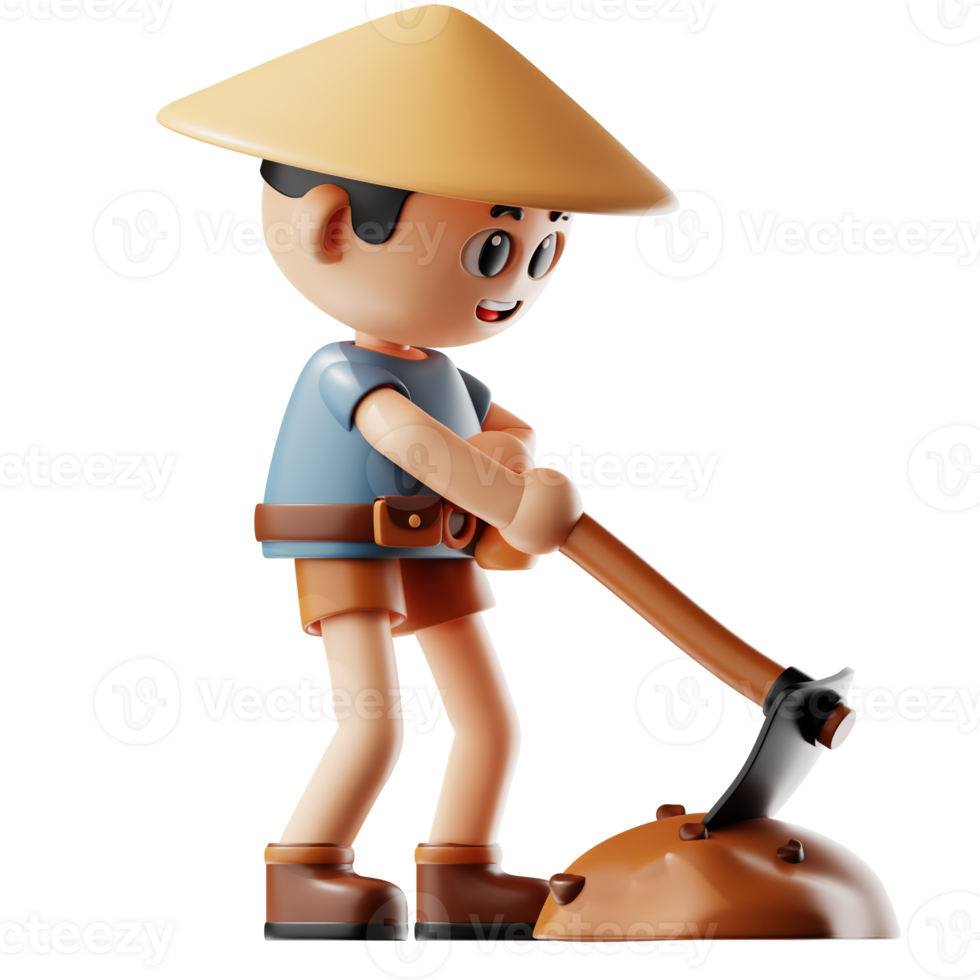 3d Farmer Boy With Straw Hat Holding A Hoe png