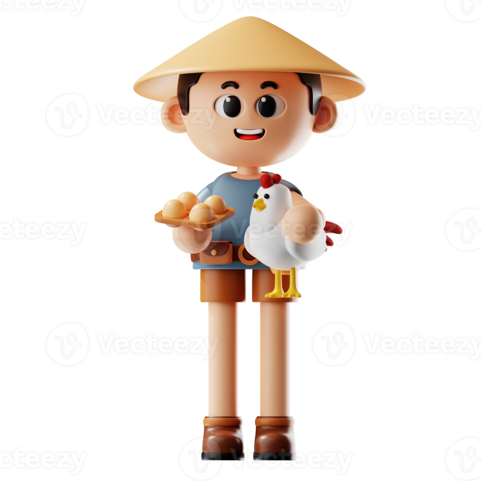 3d Farmer Boy With Straw Hat Holding Chicken And A Basket Of Eggs png