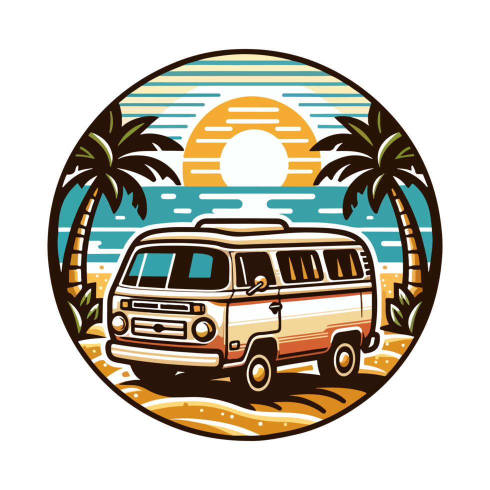 summer beach and campervan badge illustration for t shirt or sticker png