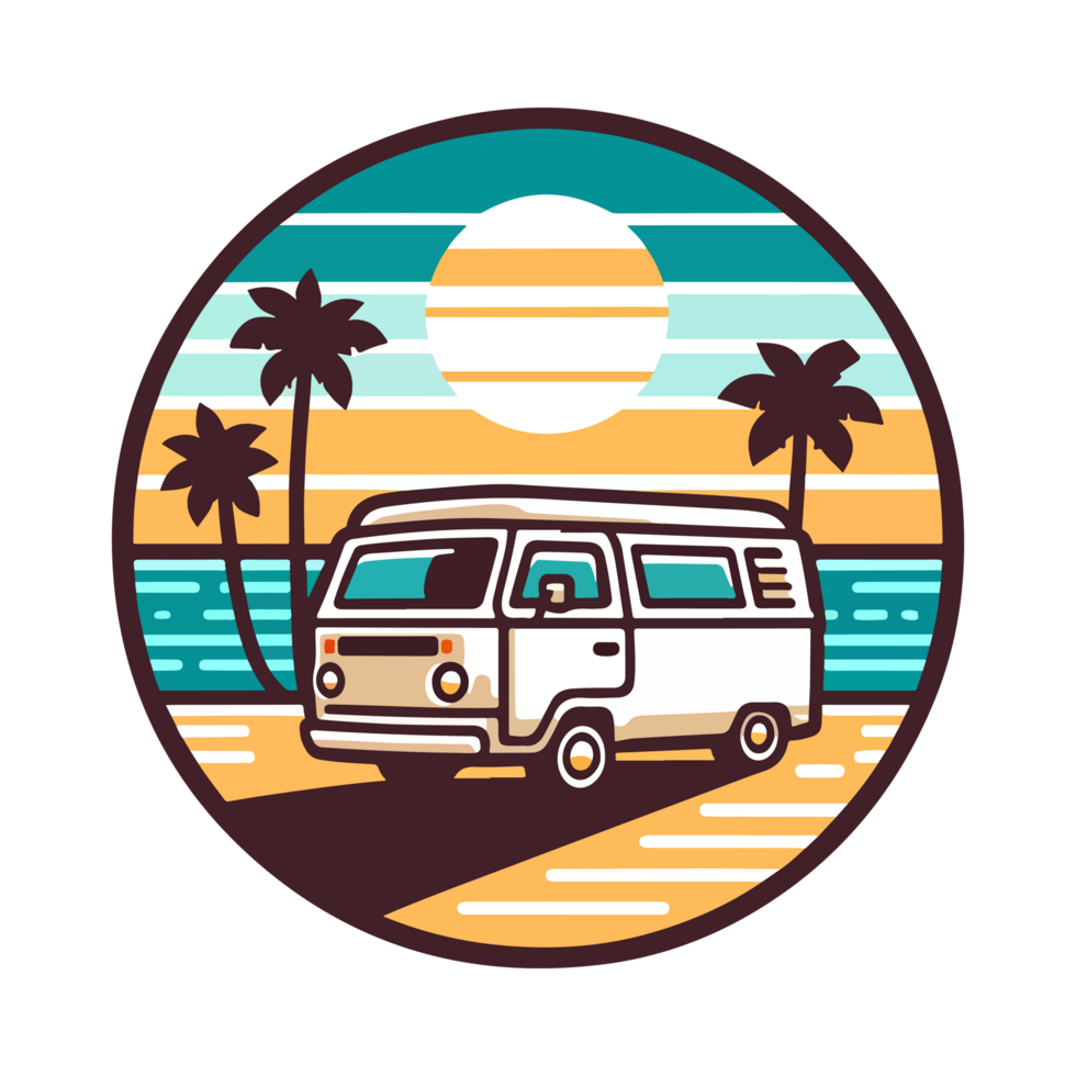 summer beach and campervan badge illustration for t shirt or sticker png