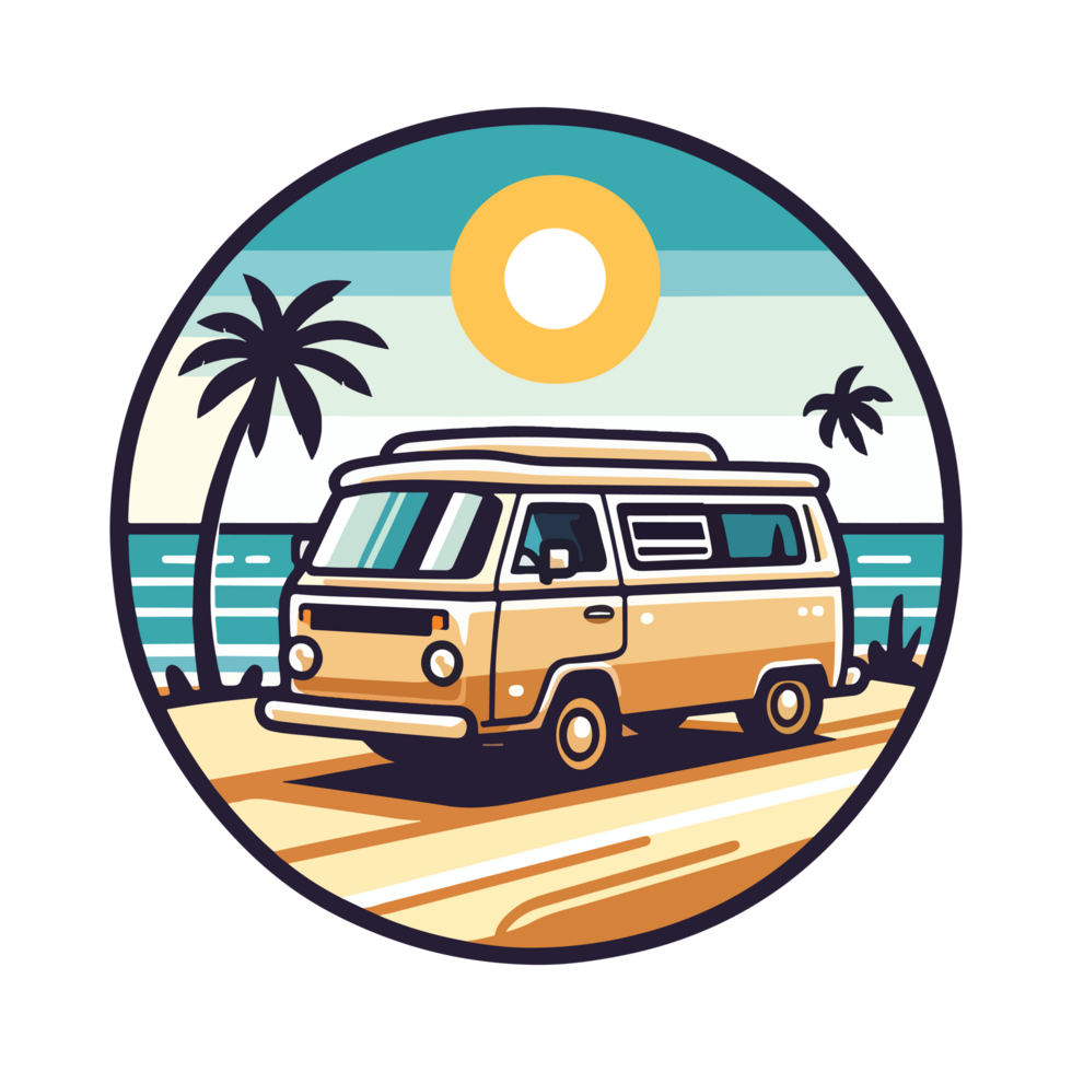 summer beach and campervan badge illustration for t shirt or sticker png