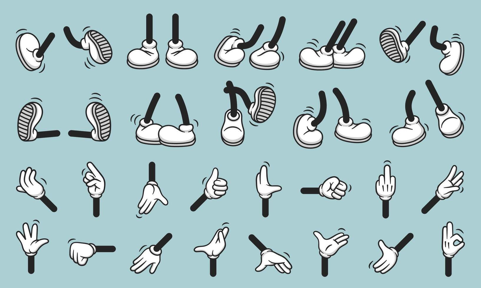 Vintage retro hands in gloves and feet in shoes. Comic retro feet and hands in different poses. Isolated mascot character elements of 1920 to 1950s vector