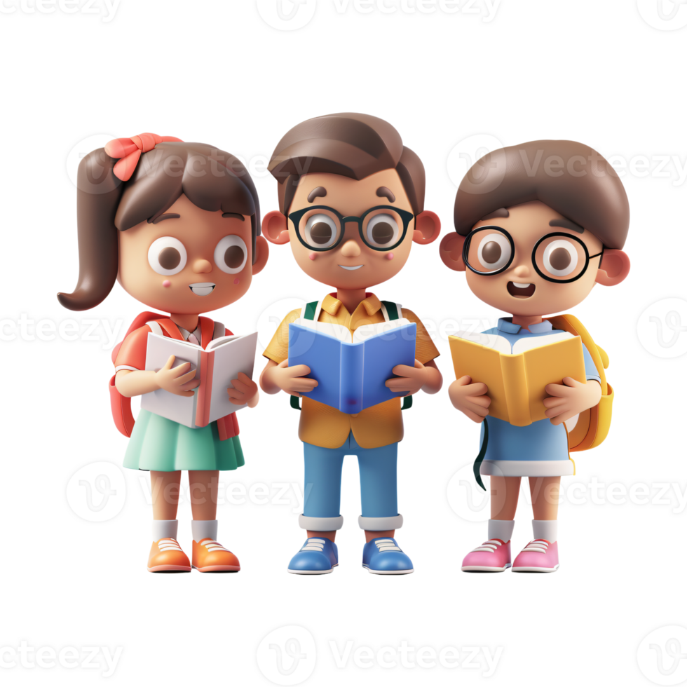 Three children with glasses reading books with one reading a book png