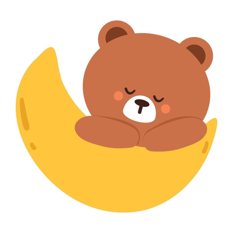 cute hand drawing cartoon bear sleeping on the moon, cute animal sticker, doodle vector