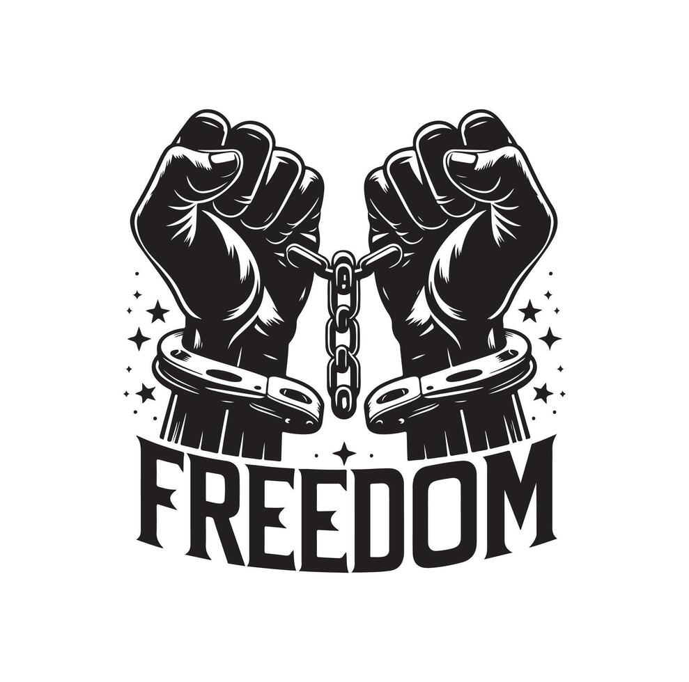 A pair of hands chained to a chain with the text words freedom. A pair of hand in handcuff. Hand drawn illustration. vector