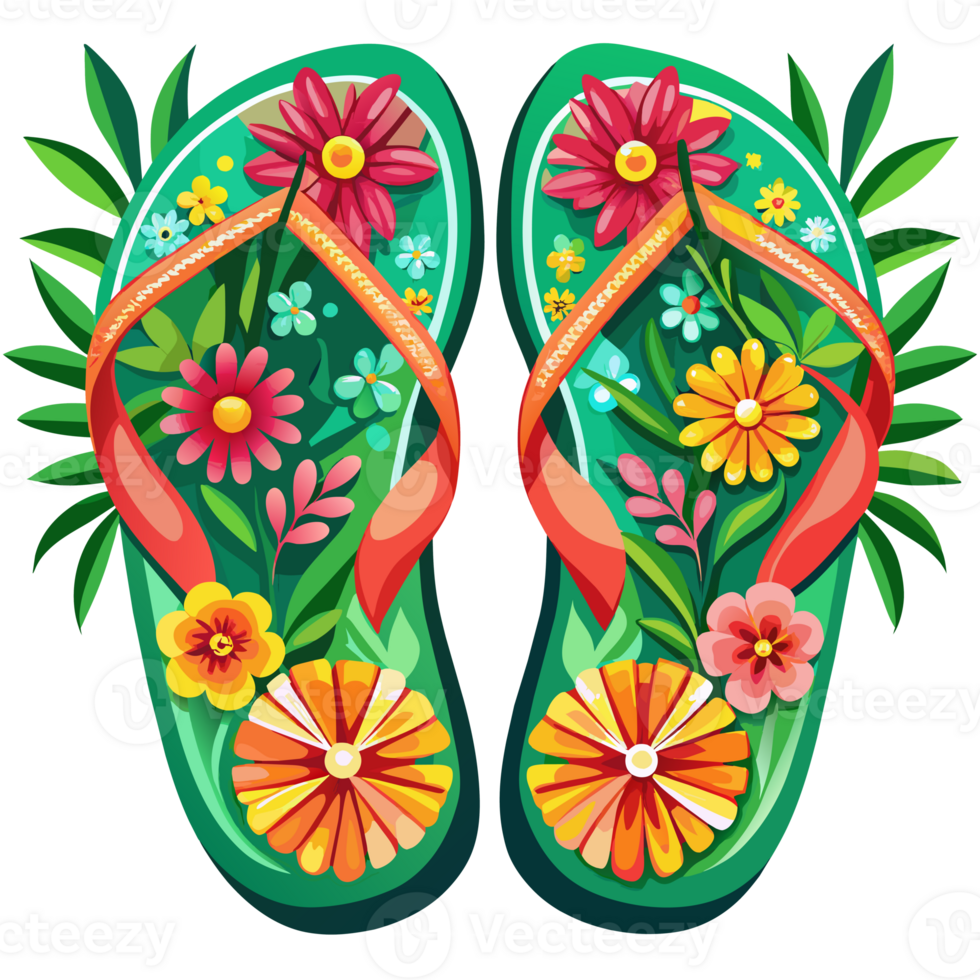 A pair of vibrant flip-flops is adorned with a floral pattern png