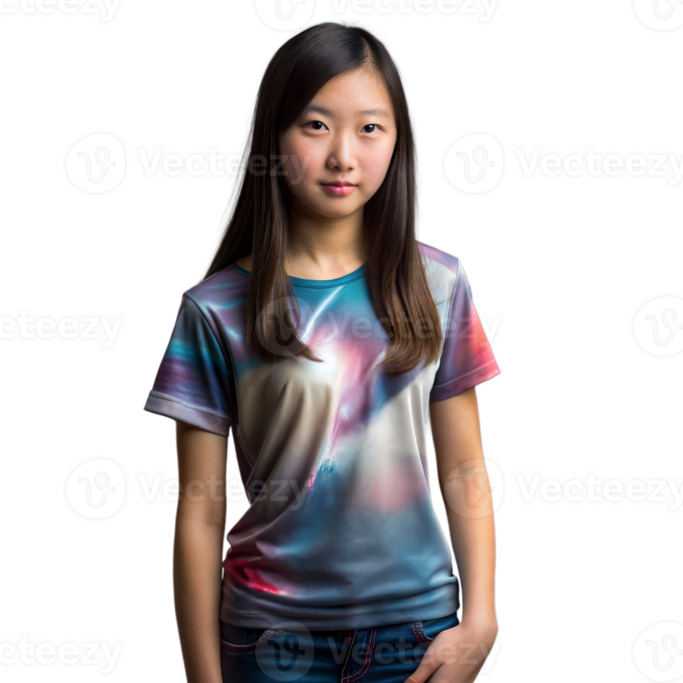Young girl with long hair in colorful shirt on transparent background png
