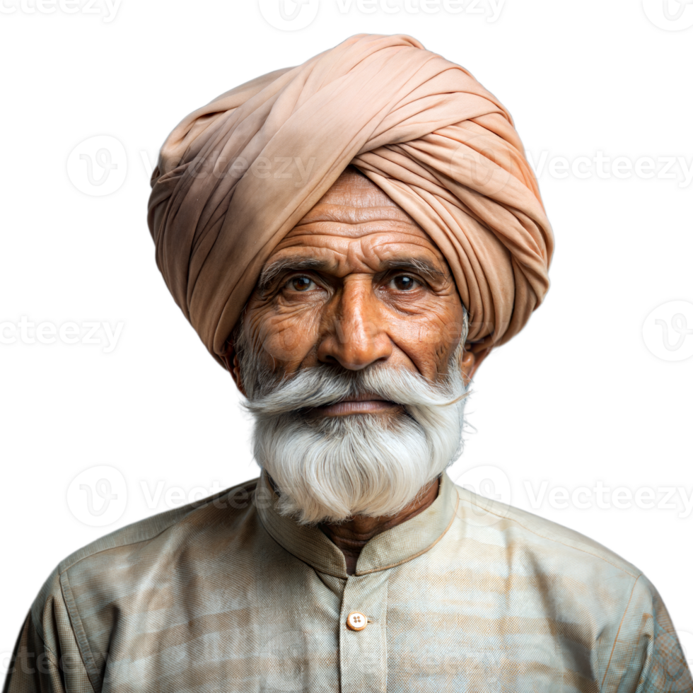 Portrait of elderly man with turban and beard on transparent background png