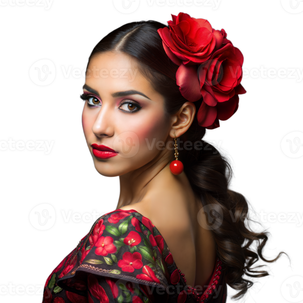 Elegant woman with red flower in hair on transparent background png