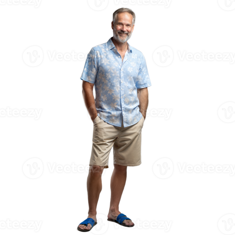 Senior man smiling in summer attire on transparent background png