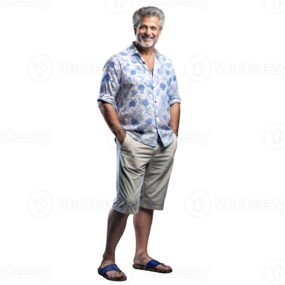 Middle-aged man in casual summer outfit smiling on transparent background png