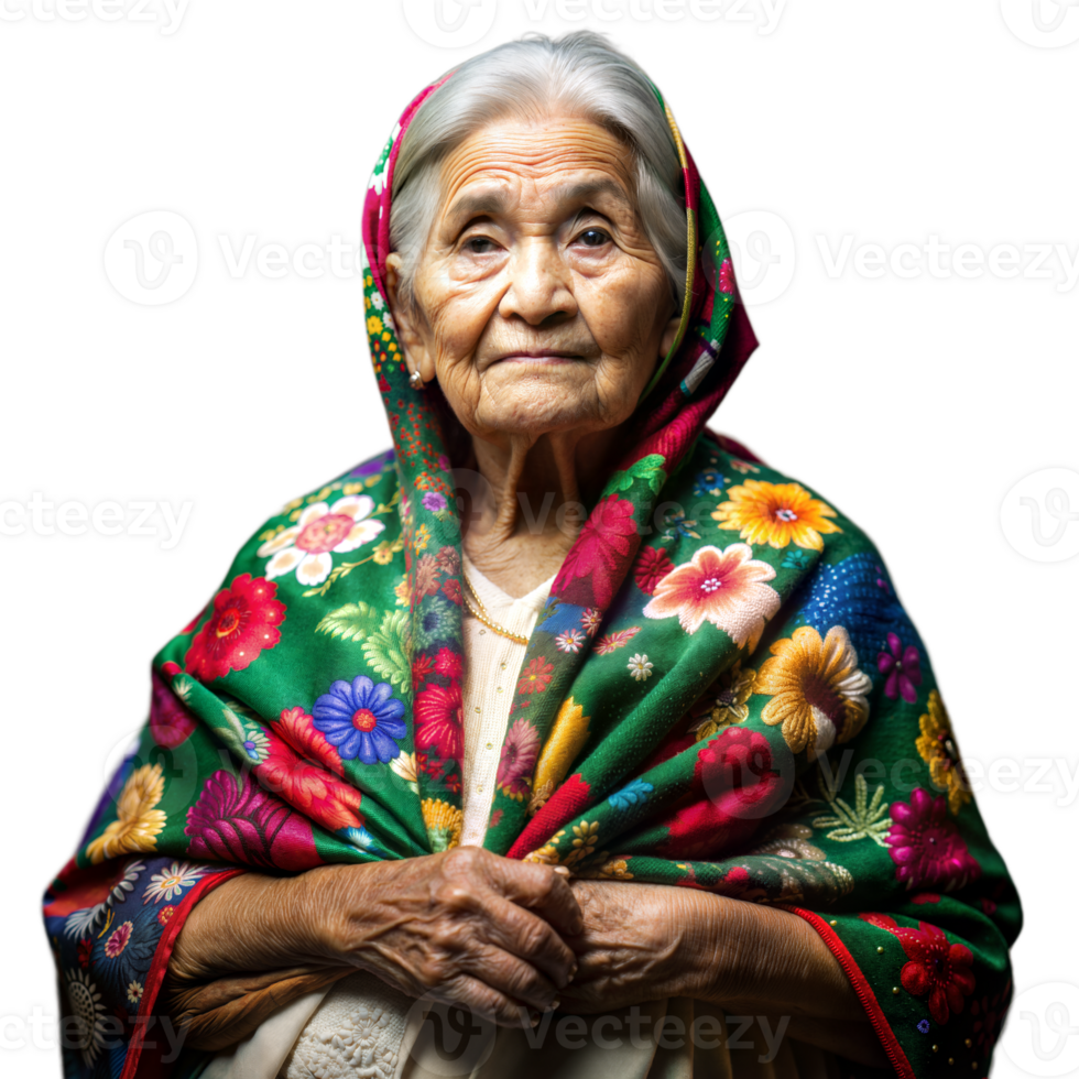 Elderly woman with colorful shawl on transparent background png