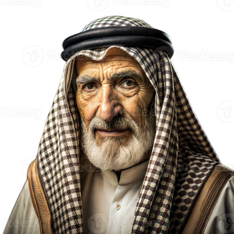 Portrait of an elderly man wearing traditional clothing on transparent background png