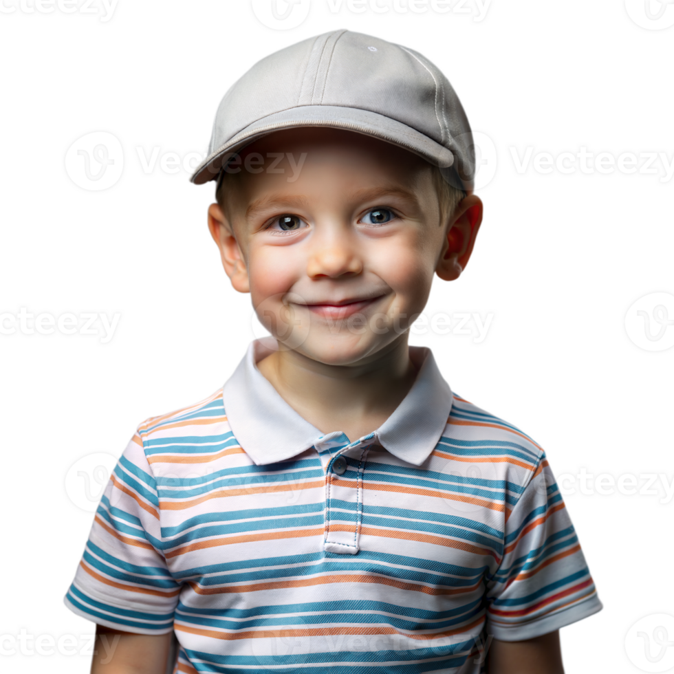 Adorable smiling boy in striped shirt with cap on transparent background png