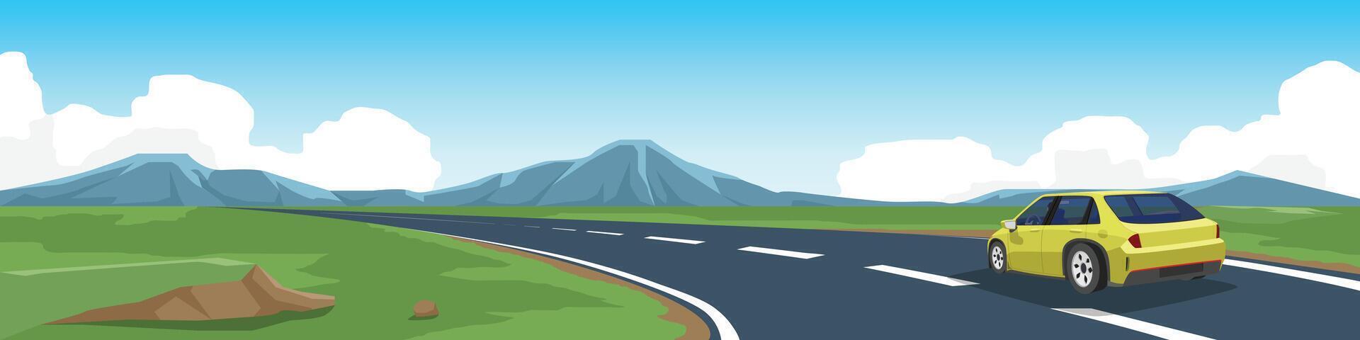 Luxury cars driving on curved asphalt roads with driving. Green open fields and mountain under blue sky for background. vector