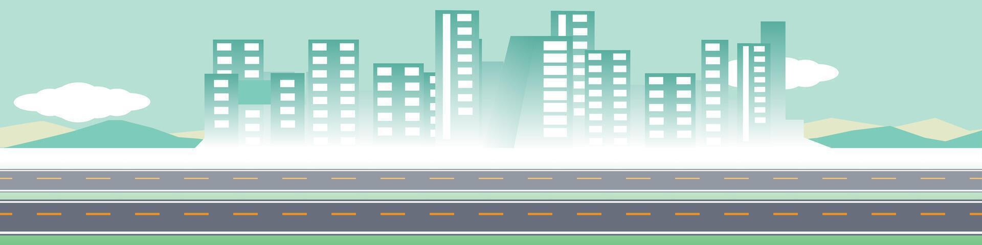 Landscape view of empty parallel ashapt road. Background of tower in the big city. With mountain under sky and white clouds. vector