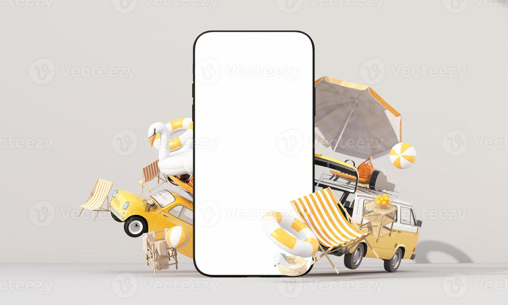 Time to travel. The concept of a summer trip or road trip. Arrange beautiful compositions and space for inserting words Ready to pin the destination using the map on phone. cartoon style 3d render photo