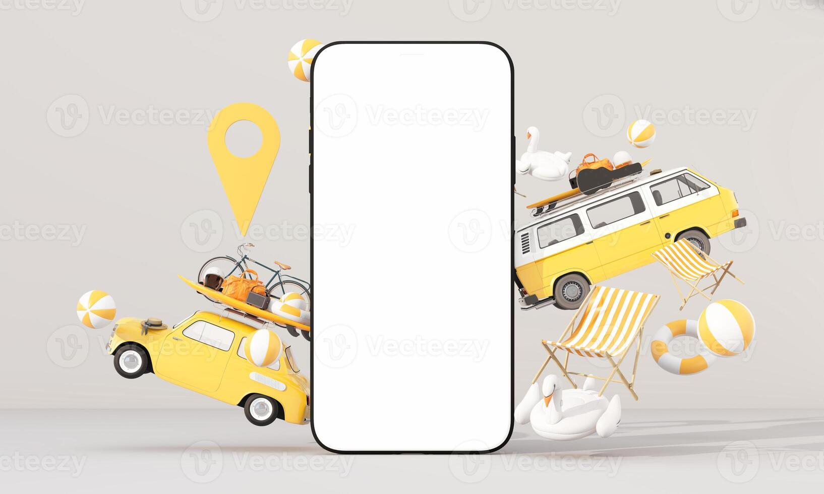 Time to travel. The concept of a summer trip or road trip. Arrange beautiful compositions and space for inserting words Ready to pin the destination using the map on phone. cartoon style 3d render photo