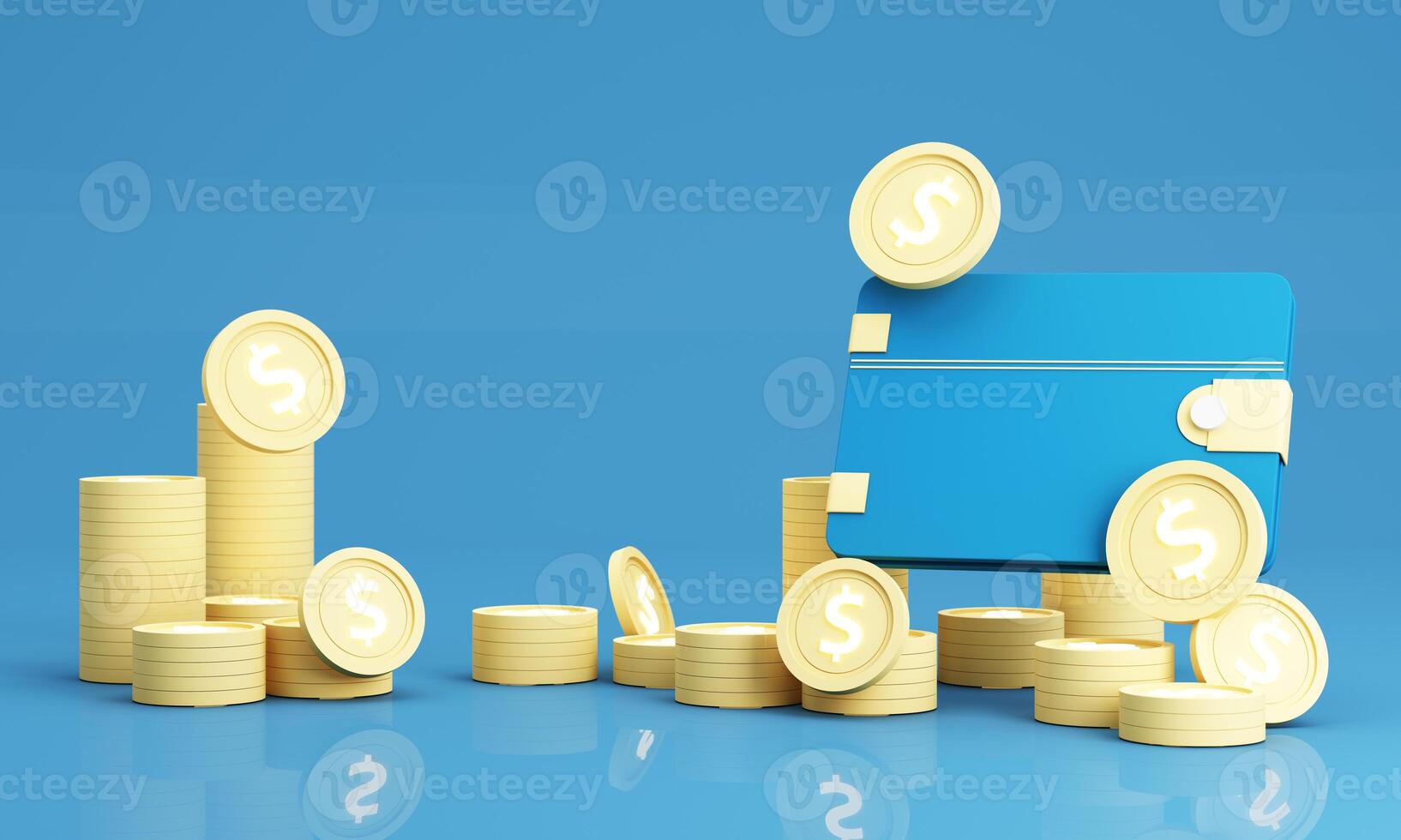 3d render Money wallet with credit card and gold coins, Online payment concept. for future use. Credit card money financial security on mobile e commerce. on blue background. photo
