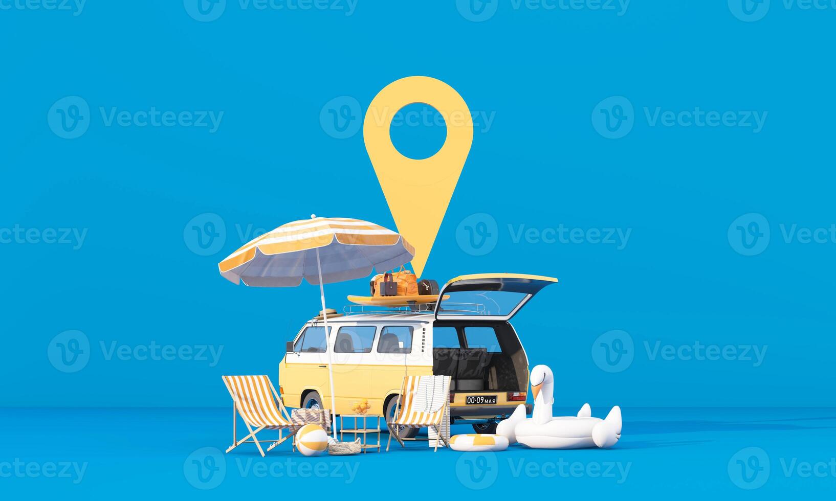 Time to travel. The concept of a summer trip or road trip. Arrange beautiful compositions and space for inserting words Ready to pin the destination using the map on phone. cartoon style 3d render photo