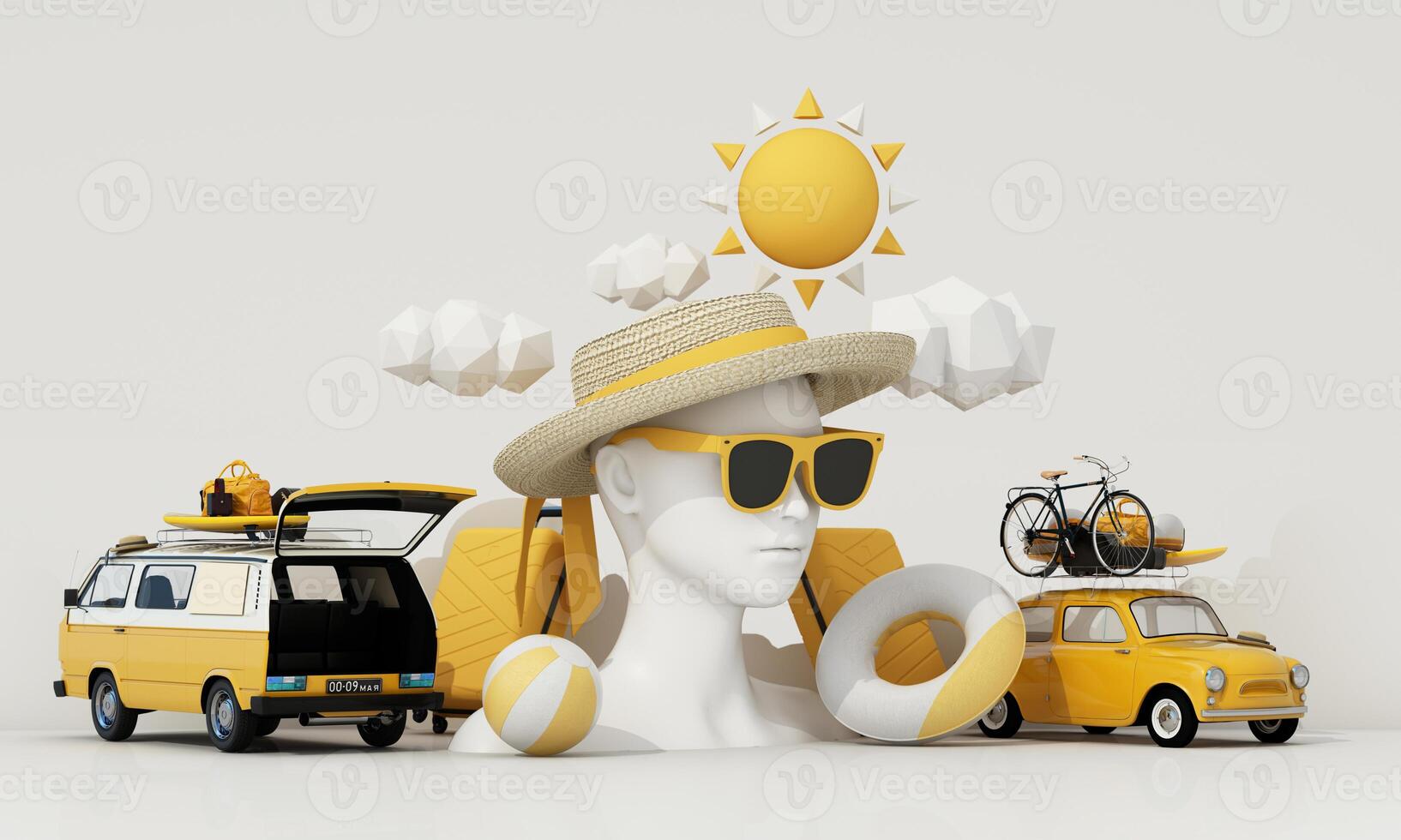 Small retro car with baggage, luggage and beach equipment on the roof, fully packed, ready for summer vacation in the background along with mannequins, fashion clothes, swimwear. 3d rendering photo
