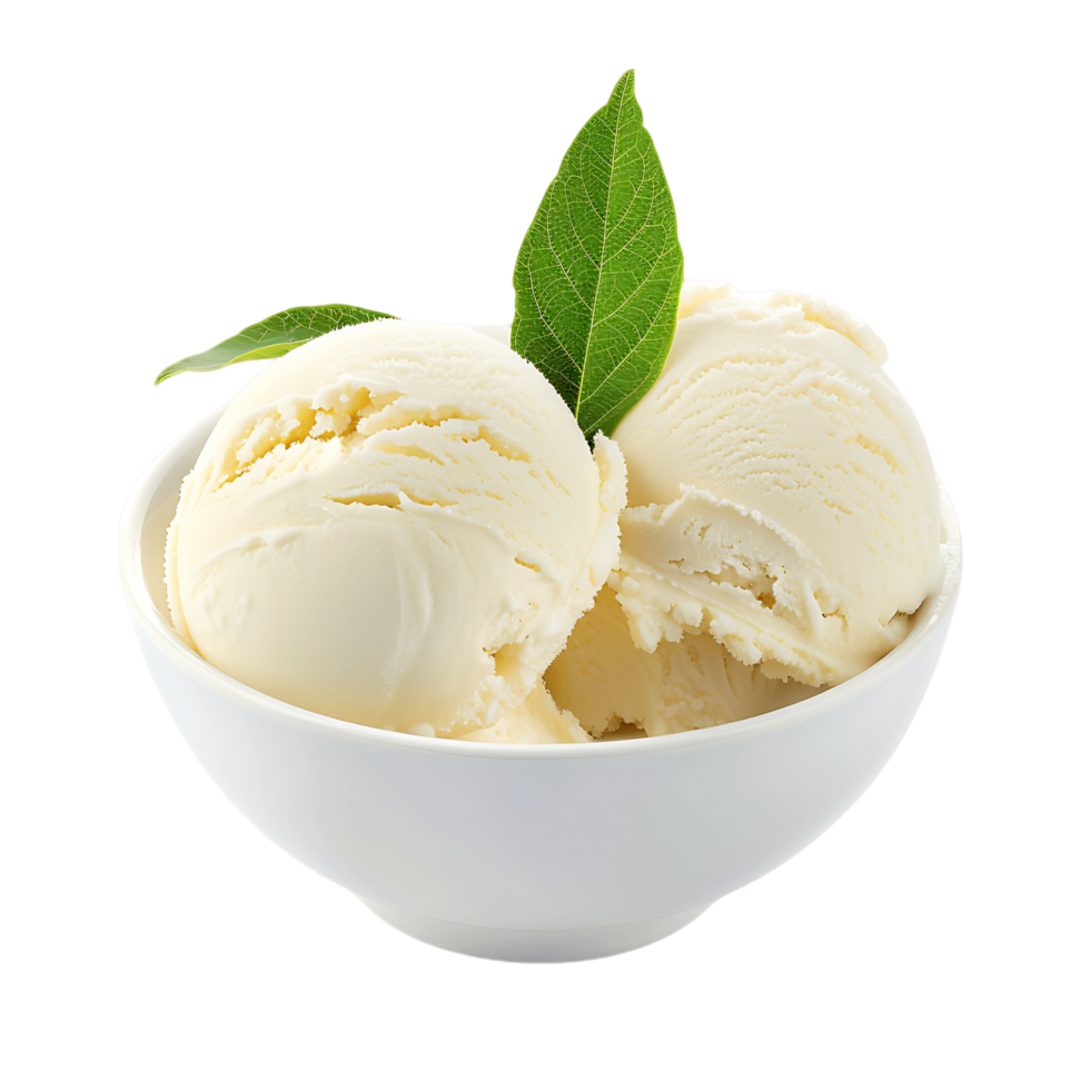 Vanilla Ice Cream Delight with Decorative Leaf Transparent Background Cutout png